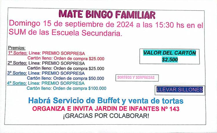 Mate Bingo Familiar//El evento es organizado e invitado por el Jardín de Infantes Nº 143.