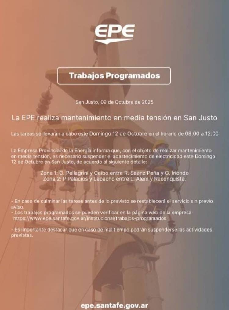 SAN JUSTO ESTE DOMINGO HABRA CORTE DEL SERVICIO DE ENERGIA EN ALGUNAS ZONAS DE SAN JUSTO DE 8 A12 HORAS.