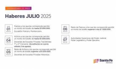 Cronograma de pago de haberes de julio a trabajadores provinciales